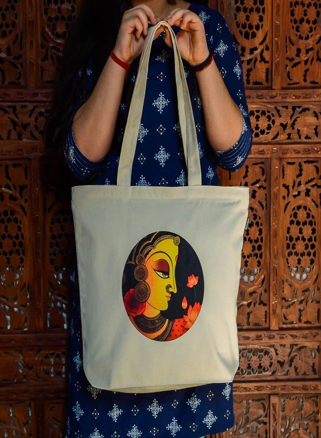 Roundsun Eco-Friendly Printed White Canvas Horizontal Tote Bag Artistic Design Collection (White) (Lotus Lady) - Image 3